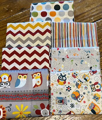 7 COTTON QUILT FABRIC FAT QUARTERS, ADORN IT WHIMISICAL OWLS & FLOWERS