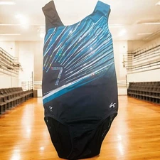 GK Elite Gymnastics Dance Leotard Region 7 Green Black Blingy Stripes Size 14