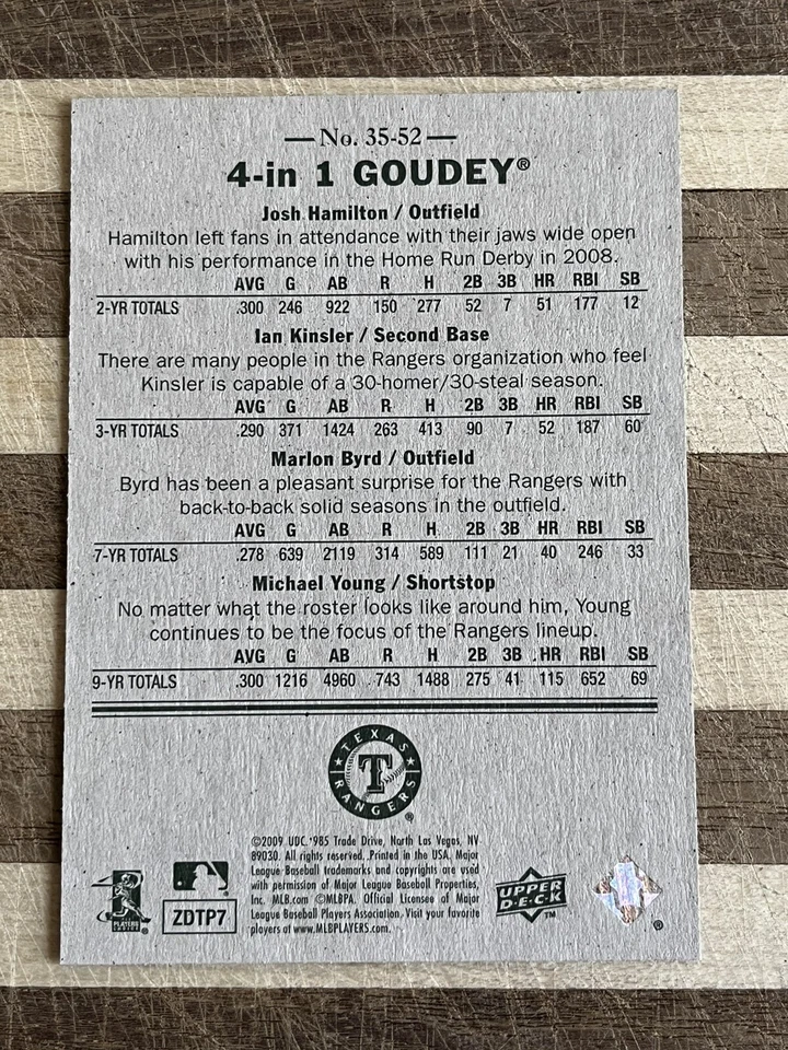 2009 Upper Deck Goudey Baseball Hamilton/Kinsler/Byrd/Young 4-in 1 Blue Card #52 - Image 2 of 2