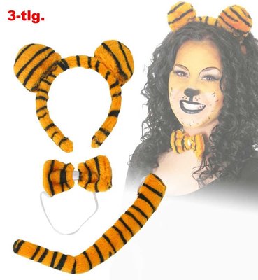 3-tlg. Tiger Set Haareif Fliege Schwanz Fasching Kostüm Tigerkostüm 129309113F