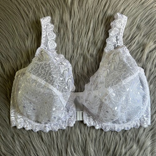 Unlined Bra Womens Size 42DD White Floral Lace Sheer Front Closure Underwire