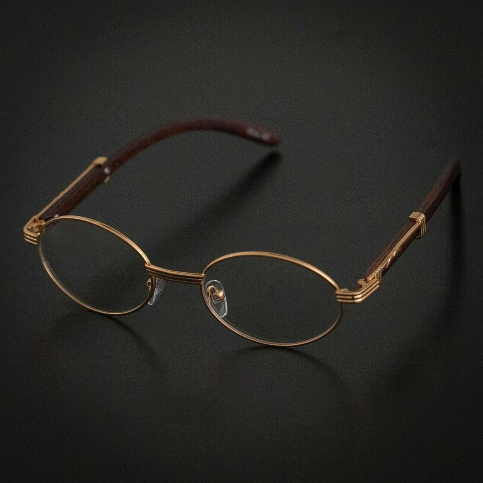 Mens Hip Hop 18k Gold Frame Oval Shape Clear Lens Wood Grain Retro Eye Glasses - Image 3 of 4