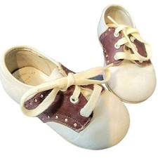 Vintage 50s Baby Shoes Trimfoot Baby Deer Oxford Brown White Box Size 2 W Retro