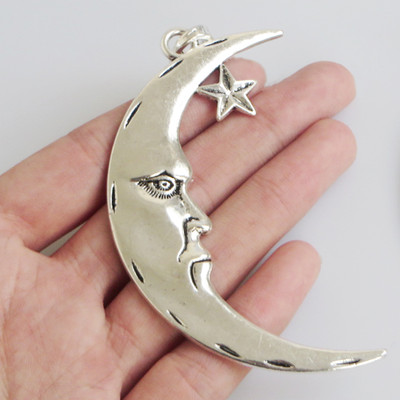 2Pcs Antique Silver Large Crescent Moon Face Star Charms Necklace Pendants 84mm