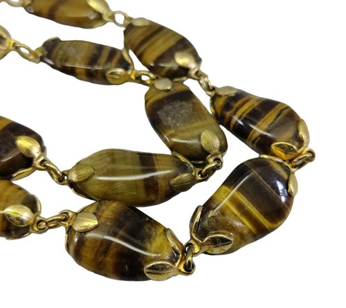 Carved Tiger Eye Oval Bead Necklace Gold Tone Fittings - Picture 7 of 12