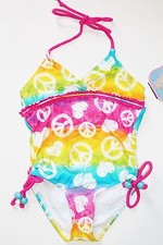 NWT Girls 5 White Pink Aqua Multi Tie Dye Peace Signs Swimsuit Swimming Suit