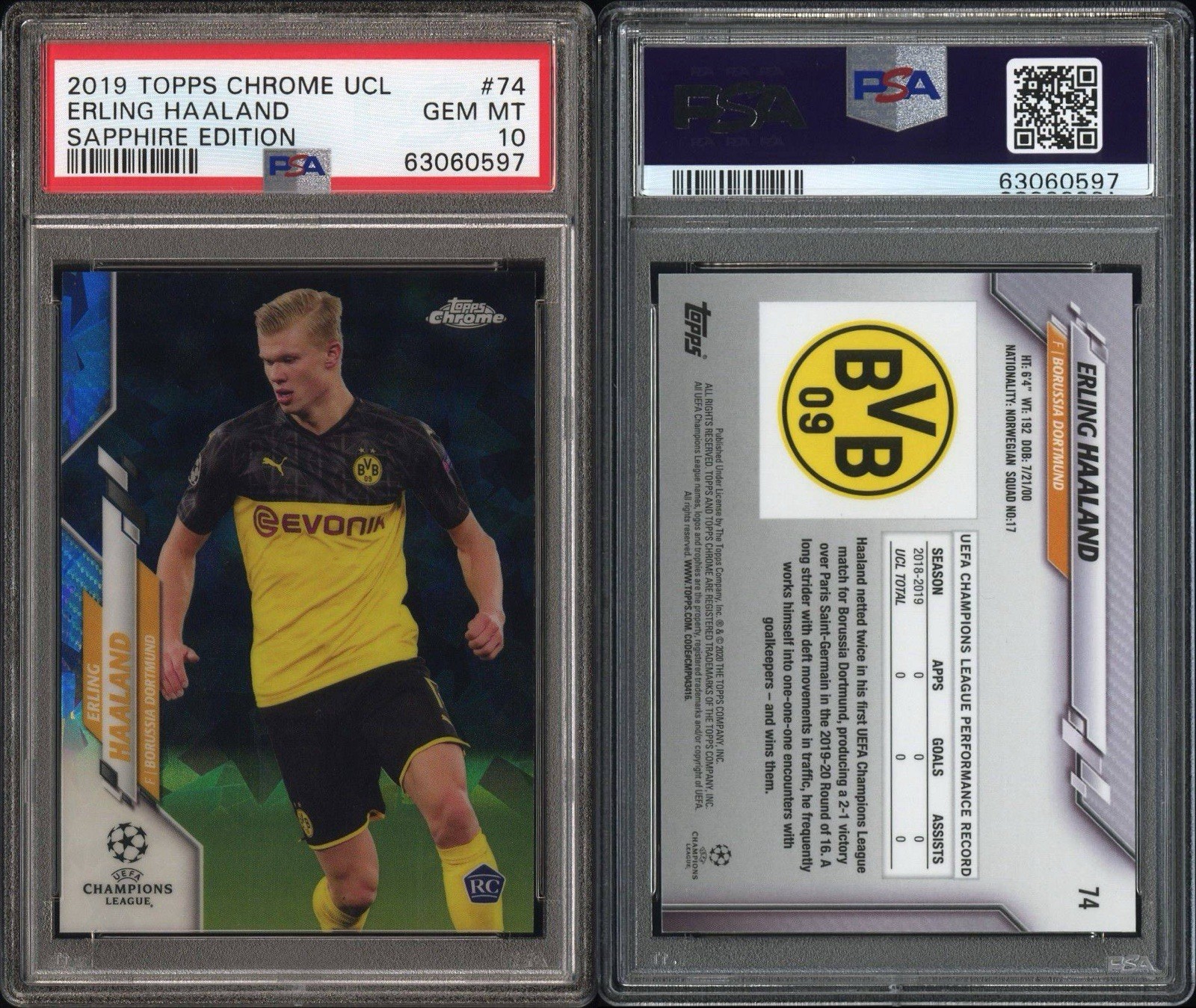 2019-20 Topps Chrome UCL Sapphire Edition - Erling Haaland #74 (RC) - PSA 10