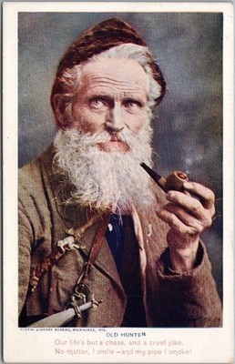 Vintage 1900s POSTAL LIBRARY BUREAU Postcard ''OLD HUNTER'' Smoking Pipe / Unused