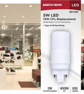 Satco S21433 - 5 Watt PL LED Type A/B Dual Ballast G24D - 4000K (2, 6 or 24 PK)