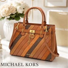 Michael Kors Hamilton Striped Satchel Brown Tan Lock Detachable Crossbody