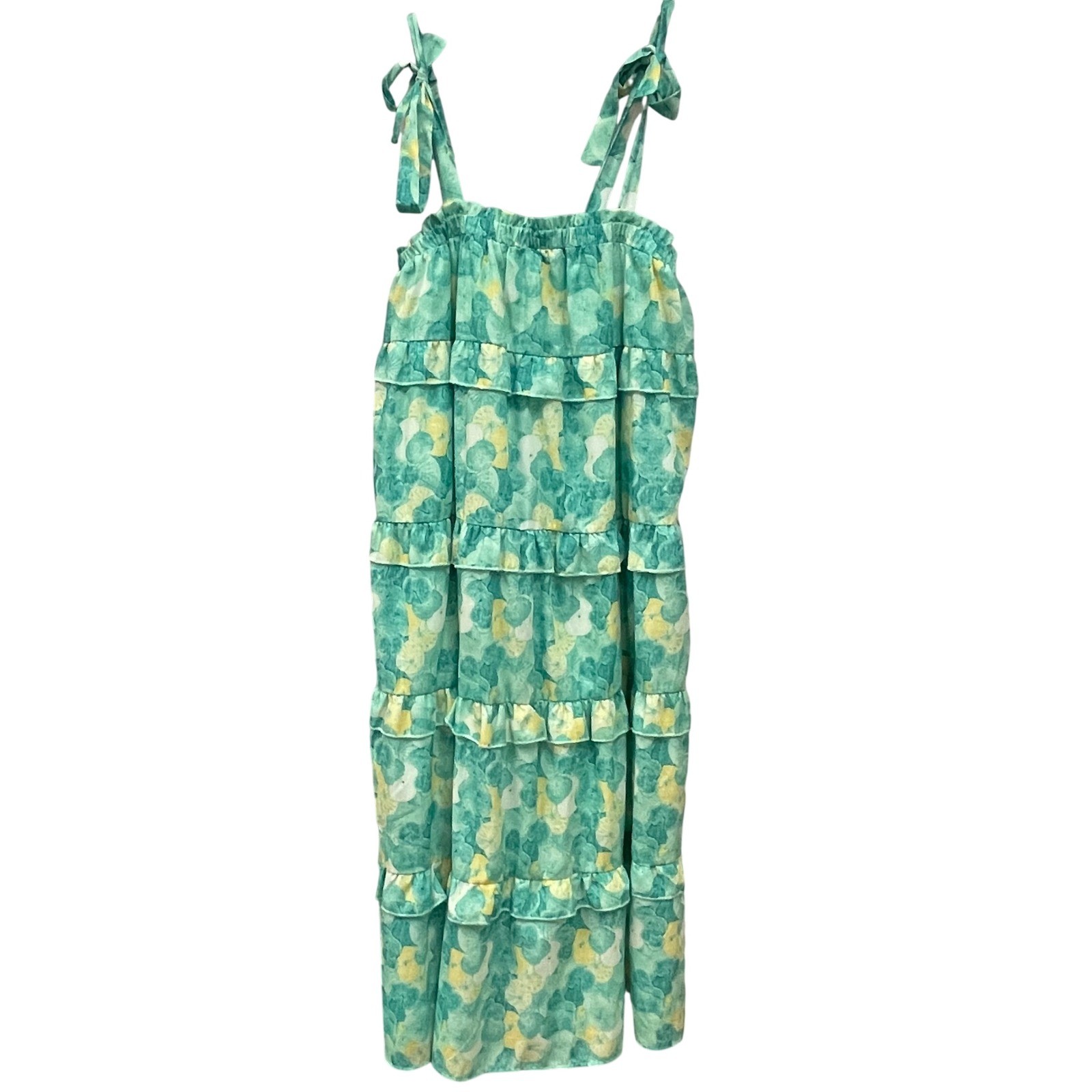 Green Yellow Floral Ruffle Tie Strap Maxi Dress Women's Medium Tiered Boho