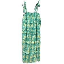 Green Yellow Floral Ruffle Tie Strap Maxi Dress Women's Medium Tiered Boho