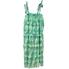 Green Yellow Floral Ruffle Tie Strap Maxi Dress Women's Medium Tiered Boho
