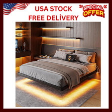 Full Size Floating Bed Frame with LED Lights  Charging Station, Black Metal