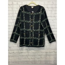 Chico  s Travelers Crushed Tweed Jacket Size 2 12/14 Black Dark Jade Button Up