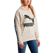 578339-02 Puma Womens Med Cream Black Revolt Checkered Logo Hooded Sweatshirt