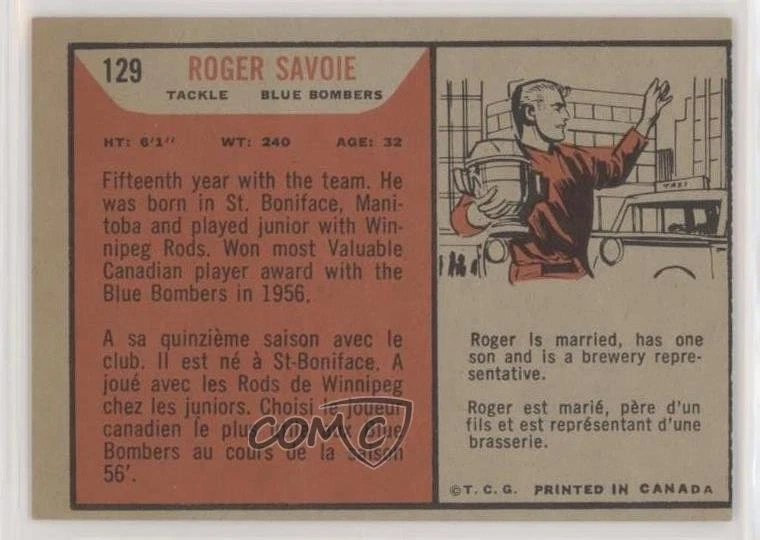 1965 Topps CFL Roger Savoie #129 Rookie RC - Image 2 of 2