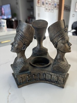Egyptian Queen Nefertiti Triple Headed Tea light Votive Candle Holder 5.5  