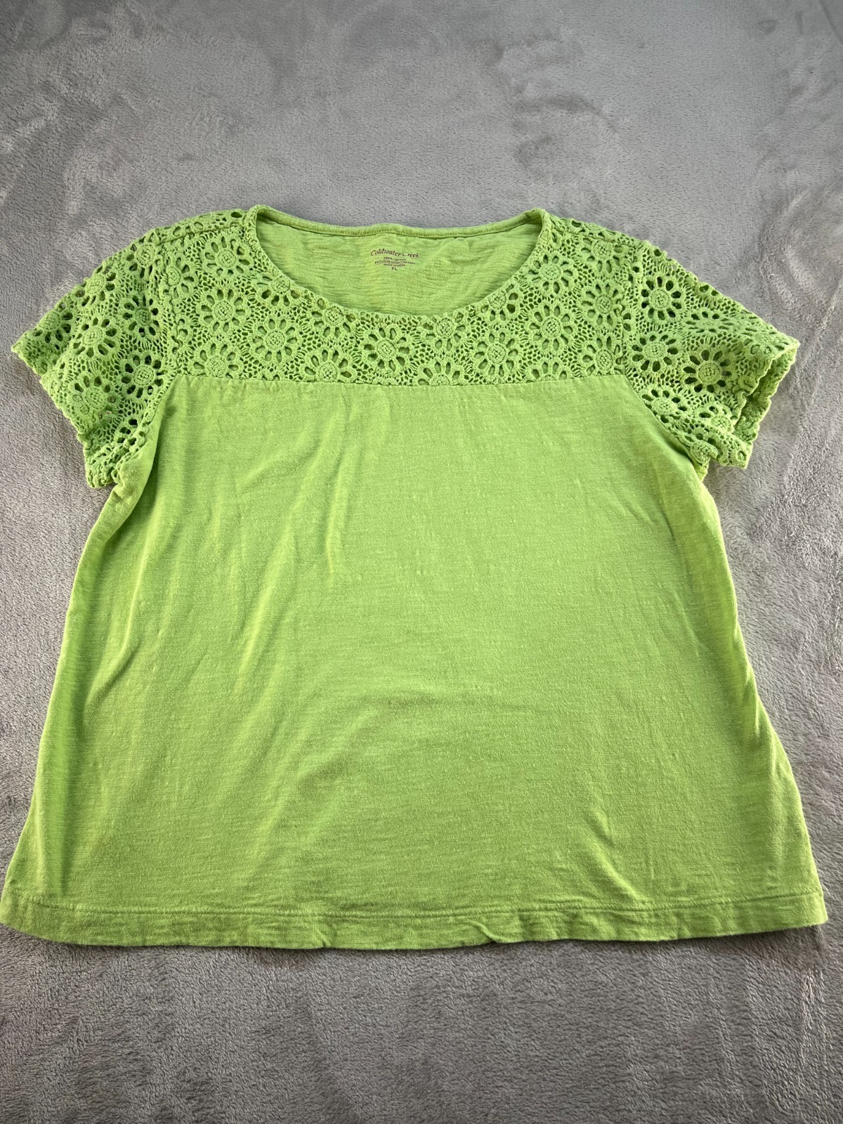 Coldwater Creek Crochet Knit Top Womens Large/P Green Short Sleeve Casual