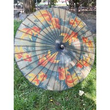 Vintage Koi Fish Paper Parasol 34" Bamboo Umbrella Asian Art Decor