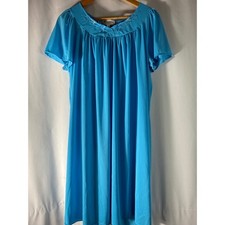 VTG Miss Elaine Classics Blue Floral Embroidered Nylon Nightgown XL 20809BT