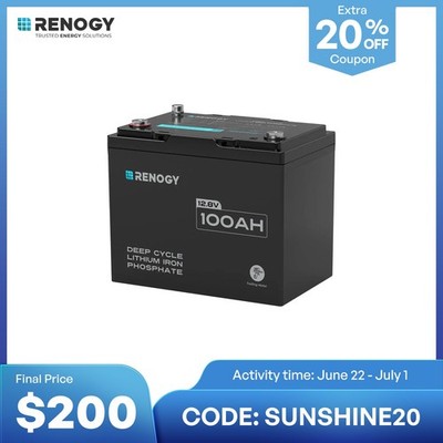 Renogy 12V 100Ah Smart Bluetooth LiFePO4 Lithium Battery For Trolling Motor