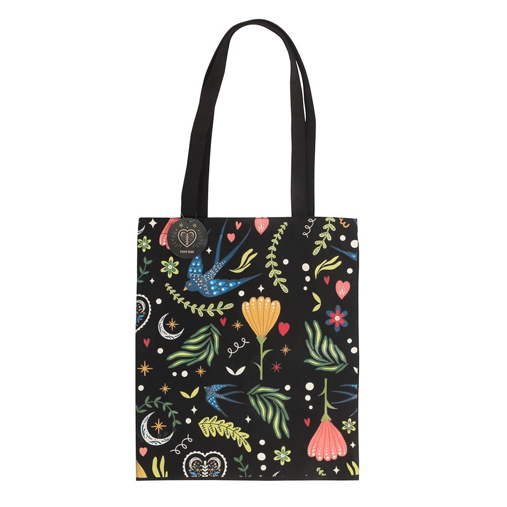 Midnight Bloom Folk Art Blue Swallow Polycotton Tote Bag Shoulder Bag