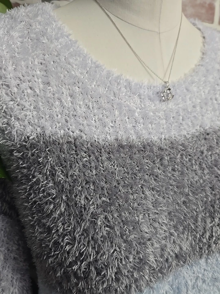 Ellen Tracy 女式毛衣,尺寸 L,蓝色灰色条纹长袖 — 第 2/4 张图片