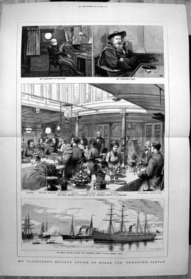 Antiker alter Druck Mr Gladstones Holiday Cruise an Bord von Pembroke Castle 1883
