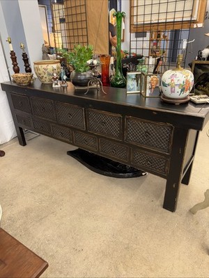 Reclaimed pine console table with 11 Woven Rattan Drawers