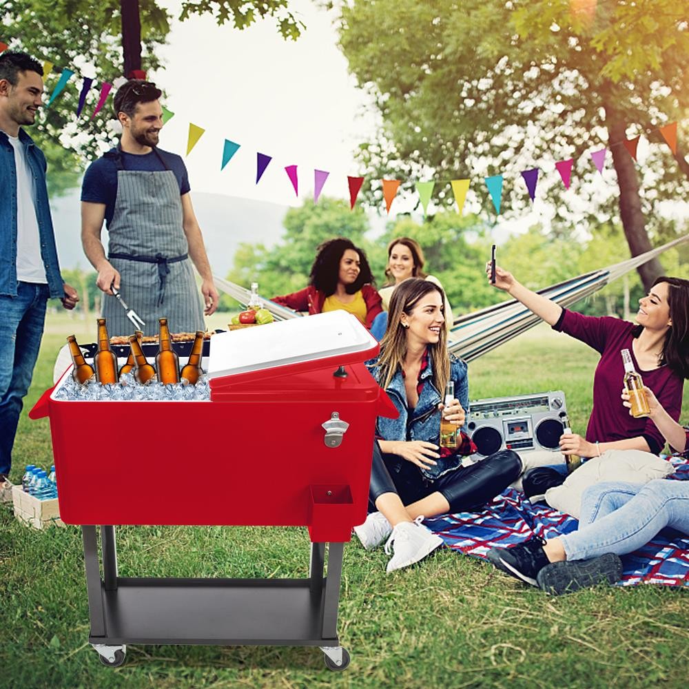 80 Quart Rolling Ice Chest on Wheels Patio Party Bar Drink Cooler Cart /w Shelf