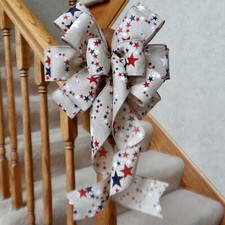 10" WIDE RED WHITE  BLUE FAUX BURLAP PATRIOTIC BOW, 4TH OF JULY DECORATIONS