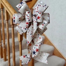 10" WIDE RED WHITE & BLUE  FAUX BURLAP PATRIOTIC BOW,  4TH OF JULY DECORATIONS