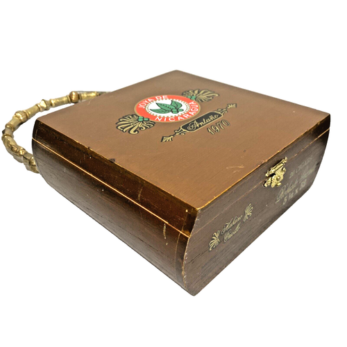 Vintage 1970's Cigar Box Purse Wood Case with Gold Beaded Top Loop Handle FLAW - Picture 13 of 13