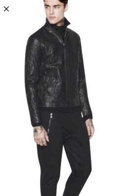 NWT John Varvatos Black Crinkled Leather Jacket. Size EU 48 USA 38