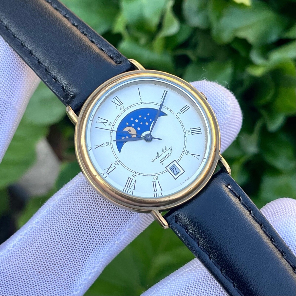 Vintage Hobby Sun & Moon Phase Roman Numerals Dial Japan Men's