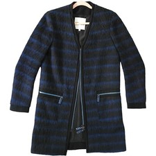 Kenzo Coat Fr 36 Striped Wool Zip Collarless Pockets Fur Eyelash