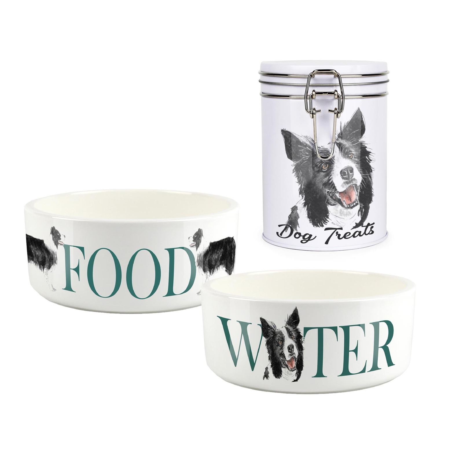 Border Collie Pet Bowls & Treat Canister Set - Food/Water Gifts for Dog Owners