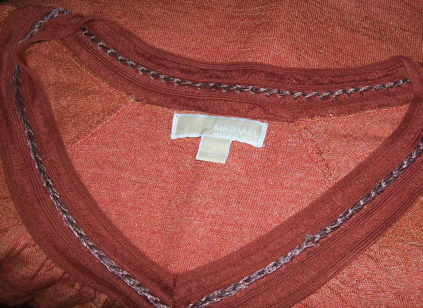 Top donna Michael Kors taglia L maglia scollo V arancione abito casual boho acrilico TOP