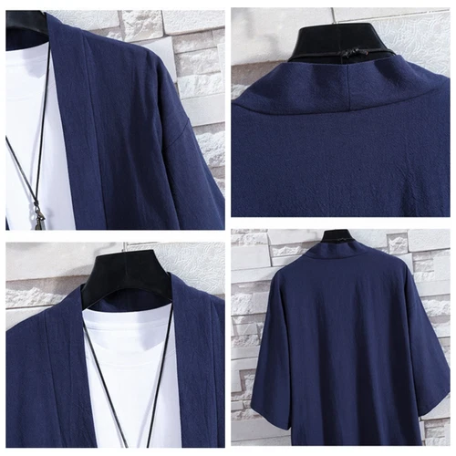 Men Casual Kimono Jacket Coat Tops 3/4 Sleeve Cotton Linen Japanese Cardigan Top - Bild 13 von 23