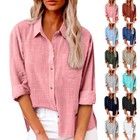 Women Long Sleeve V Neck Button T Shirt Tops Ladies Casual Tops Blouse PLUS SIZE