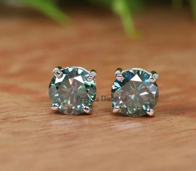 Blue Round Cut Stud Earrings Moissanite Solitaire Earrings For Birthday Gift Her