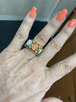 14K Gold Vintage Size 7 Ring 12.7 Cameo Band Ring Pearl Victorian Estate