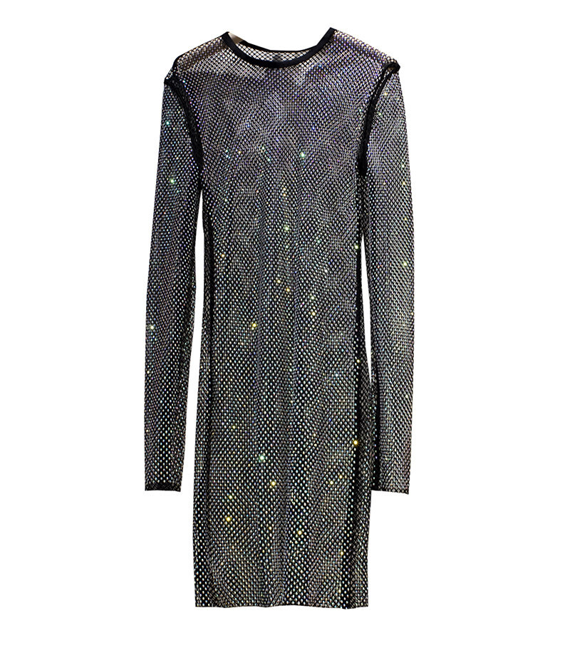 Lady Rhinestone Mesh Long Sleeve Dress Sheer Shiny Hollow Out Evening Party  Midi | eBay