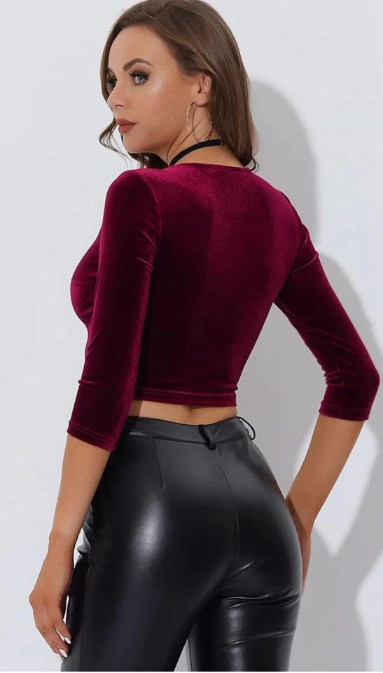 Blusa corta de terciopelo para mujer Allegra K cuello en V manga 3/4 (borgoña - talla S) Foto 2 de 4