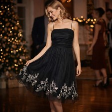 Eliza J Retro Black Embroidered Tulle Dress – Size 10