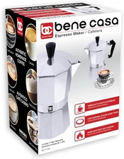 Bene Casa BC Classics BC-17730 6-Cup Aluminum Espresso Maker, Silver New