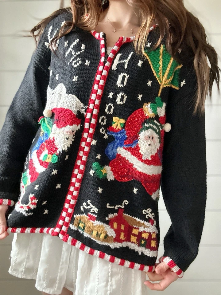 Vintage Christmas Sweater Size Large Black Zip Up Cardigan Santa Presents HoHoHo - Image 3 of 4