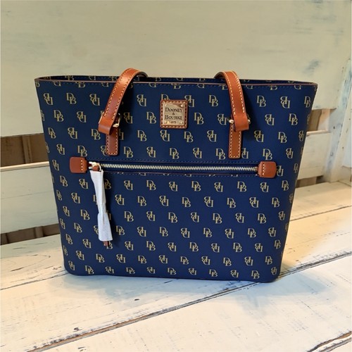 Dooney & Bourke Gretta Navy Logo Tote Zip Gold Tone Brown Straps Studs
