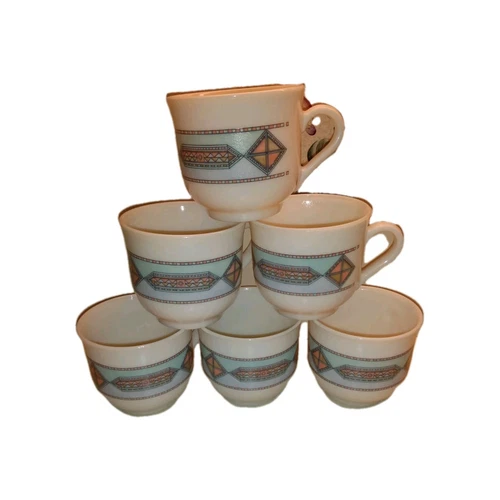 6 Vintage Arcopal France  Paloma Coffee Tea Mugs French Cups Milk Glass Geometri